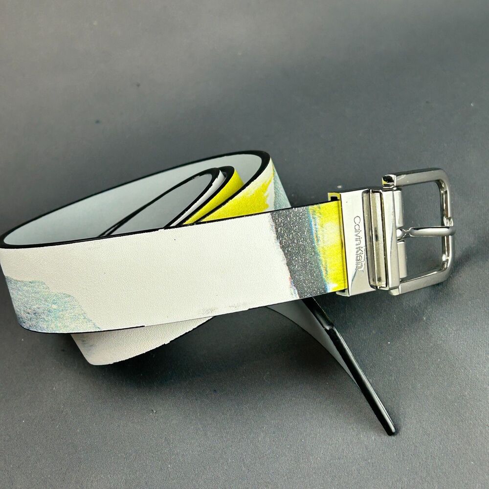 Calvin Klein Leather 1.25" White Yellow Graphic Belt Size L Silver Tone Buckle - Picture 9 of 16